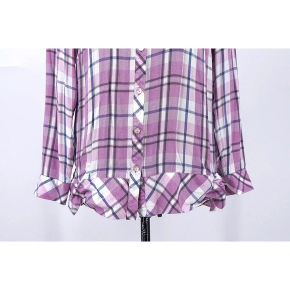 J. Jill Top Women Extra Small Plaid Lavender Ruffle Hem Button Up Blouse Shirt - Picture 5 of 10
